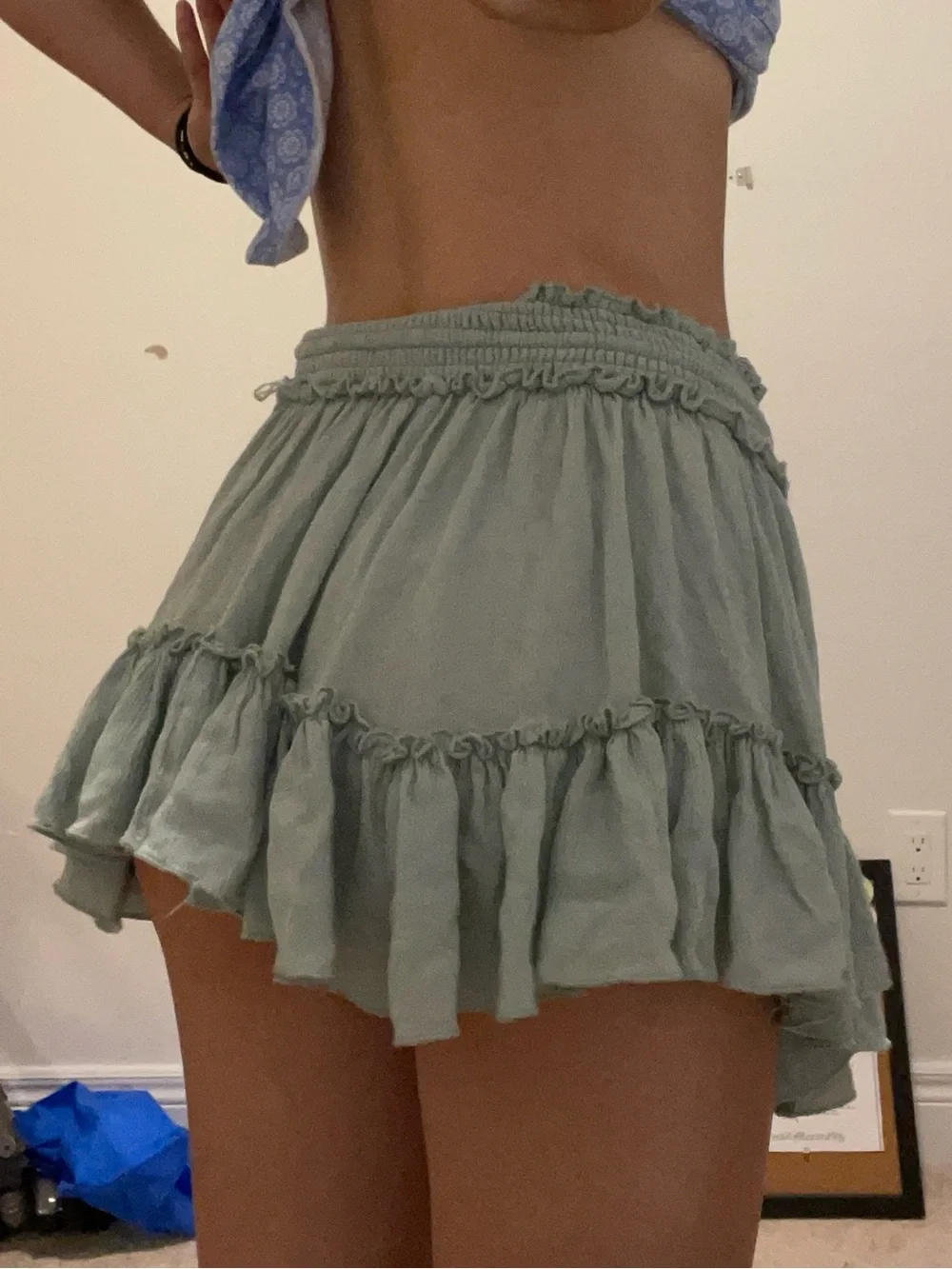 Smocked Waist Ruffle Mini Skirt in Sage - Picture 4 of 4